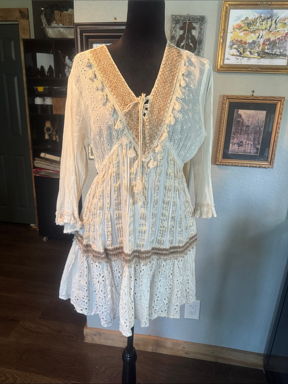 Boho Crochet & Eyelet Cream Peasant Dress